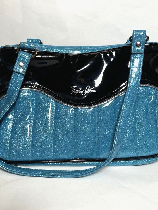 Trophy Queen Handbags - OOAK Trophy Queen Tuck and Roll Tote Blue Black Leopard Print Leather Hot Rod